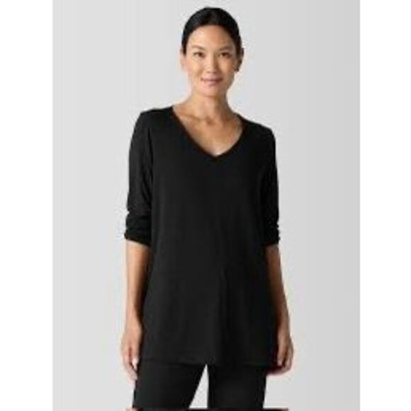 Eileen Fisher Black Fine Jersey V-Neck Long Tunic Top - Picture 1 of 5